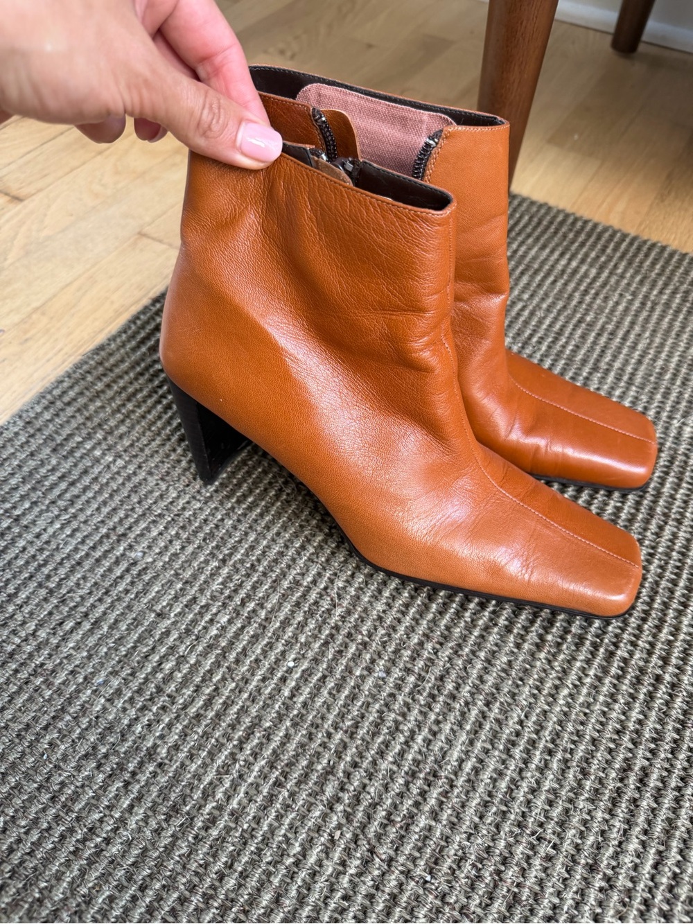 Anne Klein Cognac Leather Square-Toe Ankle Boots